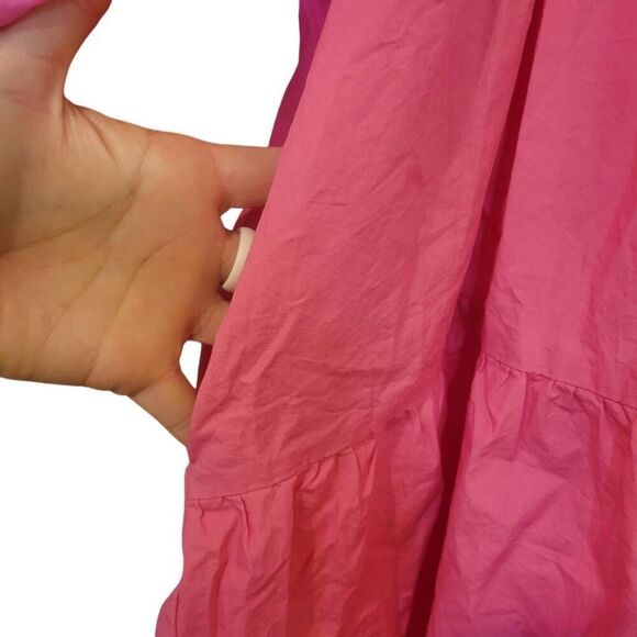 A New Day Women's Hot Pink Cotton Puff Sleeves Baby Doll Tiered Dress w Pockets - Picture 16 of 16